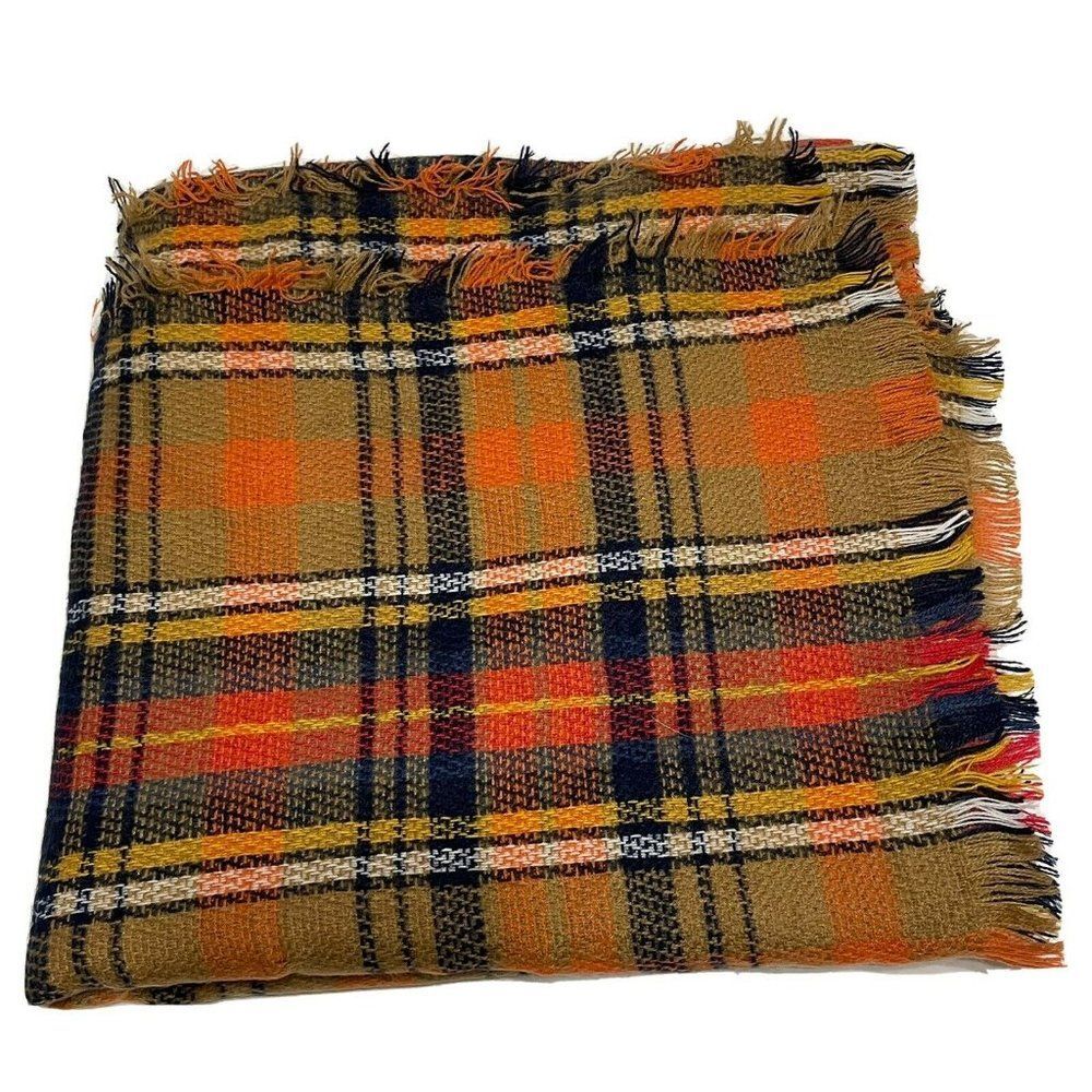 58” square fringed scarf wrap orange blue white plaid acrylic